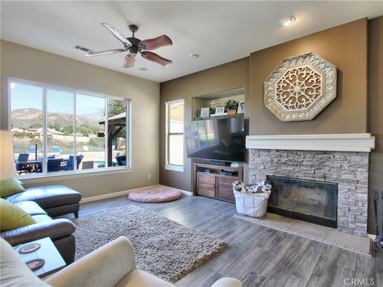 Fireplace, Interior, Living room, Recessed Lighting, Wood Texture Flooring