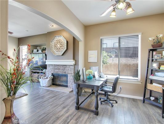 Fireplace, Home Office, Interior, Recessed Lighting, Wood Texture Flooring