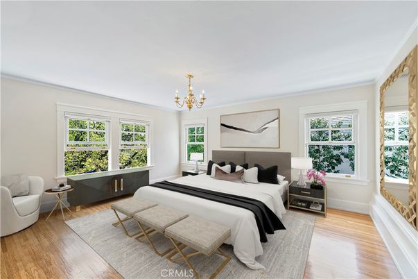 Bedroom, Chandelier, Interior, Wood Texture Flooring