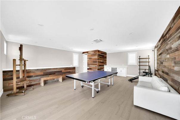 Game Room, Interior, Recessed Lighting, Wood Texture Flooring, Wooden Walls