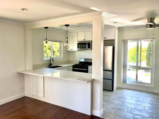 Interior, Kitchen, Pendant Lights, Recessed Lighting, Wood Texture Flooring