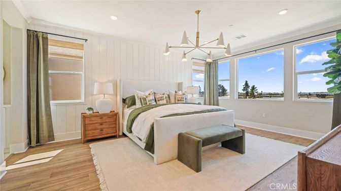 Bedroom, Interior, Pendant Lights, Recessed Lighting, Wood Texture Flooring
