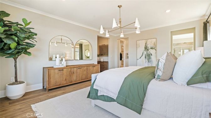 Bedroom, Interior, Pendant Lights, Recessed Lighting, Wood Texture Flooring