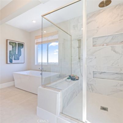 Bathroom, Free Standing Baths, Glass Shower, Interior, Marble Walls, Recessed Lighting