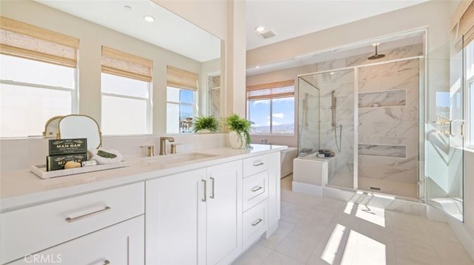 Bathroom, Dual Sink Vanities, Glass Shower, Interior, Marble Walls, Recessed Lighting