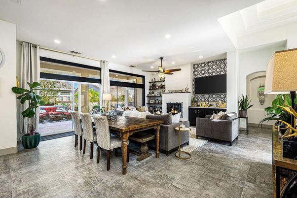 Dining room, Fireplace, Interior, Living room, Recessed Lighting