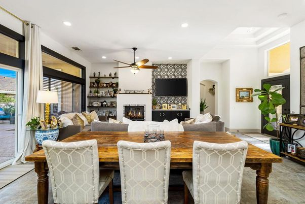 Dining room, Fireplace, Interior, Living room, Recessed Lighting