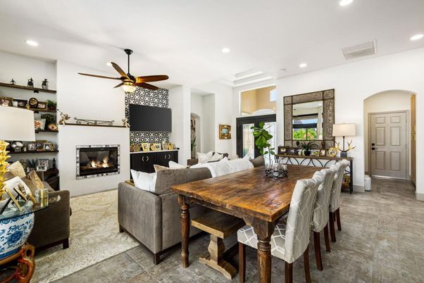 Dining room, Fireplace, Interior, Living room, Recessed Lighting