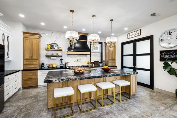 Interior, Kitchen, Marble Walls, Pendant Lights, Recessed Lighting