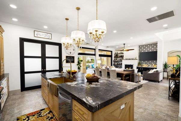 Chandelier, Dining room, Fireplace, Interior, Kitchen, Living room, Pendant Lights, Recessed Lighting