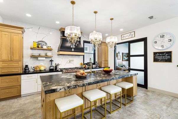 Interior, Kitchen, Marble Walls, Pendant Lights, Recessed Lighting