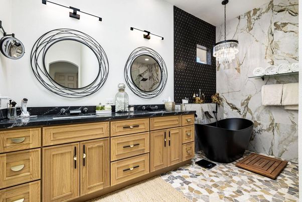 Bathroom, Chandelier, Dual Sink Vanities, Free Standing Baths, Interior, Marble Walls, Pendant Lights