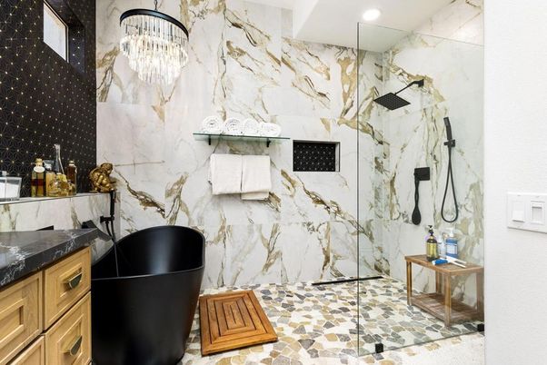 Bathroom, Chandelier, Free Standing Baths, Glass Shower, Interior, Marble Walls, Recessed Lighting