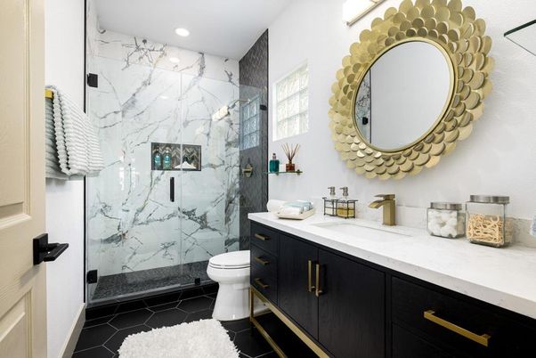 Bathroom, Glass Shower, Interior, Marble Walls, Recessed Lighting