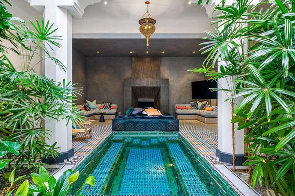 Fireplace, Interior, Living room, Pendant Lights, Pool, Recessed Lighting