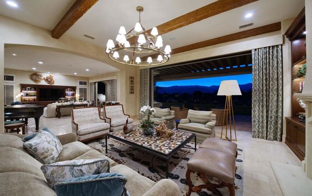 Chandelier, Interior, Living room, Piano, Recessed Lighting, Wooden Beams