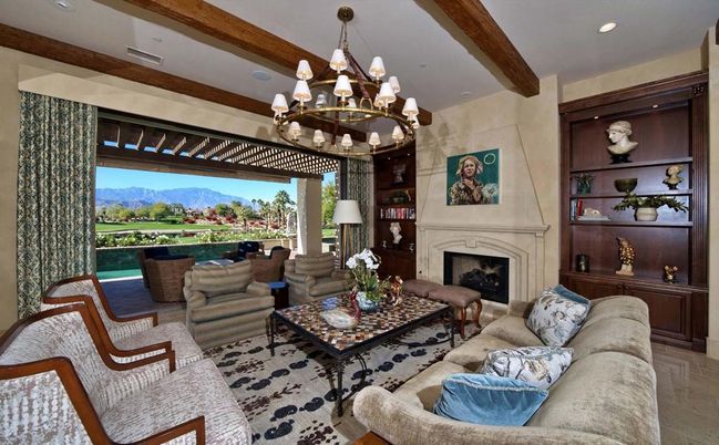 Chandelier, Fireplace, Interior, Living room, Recessed Lighting, Wooden Beams