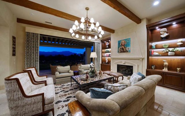 Chandelier, Fireplace, Interior, Living room, Recessed Lighting, Wooden Beams