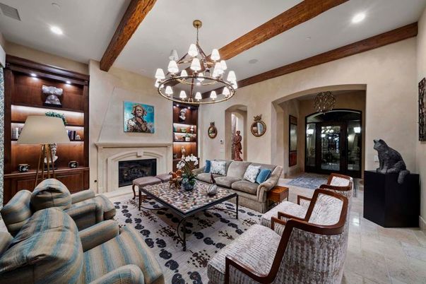 Chandelier, Fireplace, Interior, Living room, Recessed Lighting, Wooden Beams