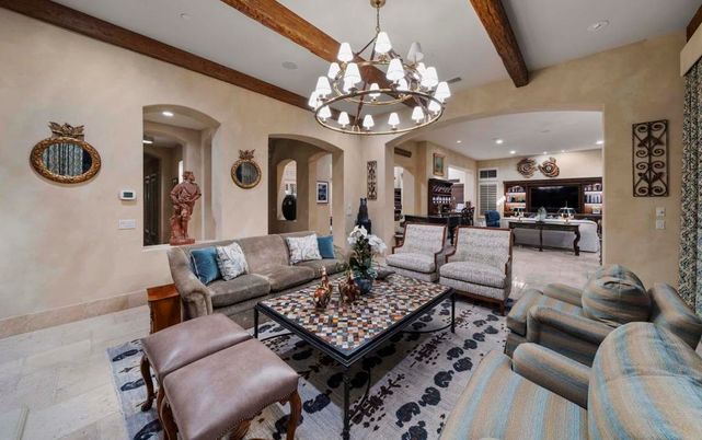 Chandelier, Interior, Living room, Recessed Lighting, Wooden Beams