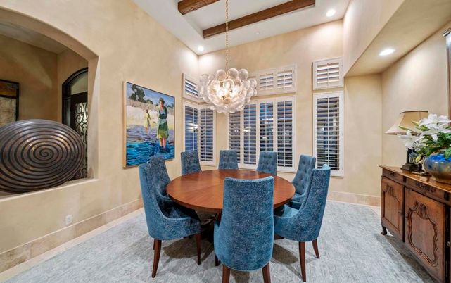 Chandelier, Dining room, Interior, Pendant Lights, Recessed Lighting, Wooden Beams