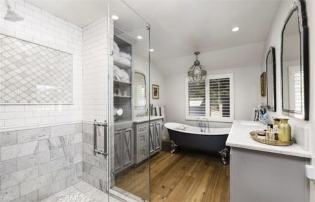 Bathroom, Dual Sink Vanities, Free Standing Baths, Interior, Pendant Lights, Recessed Lighting, Wood Texture Flooring