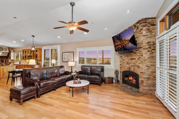 Dining room, Fireplace, Interior, Kitchen, Living room, Pendant Lights, Recessed Lighting, Stone Walls, Wood Texture Flooring