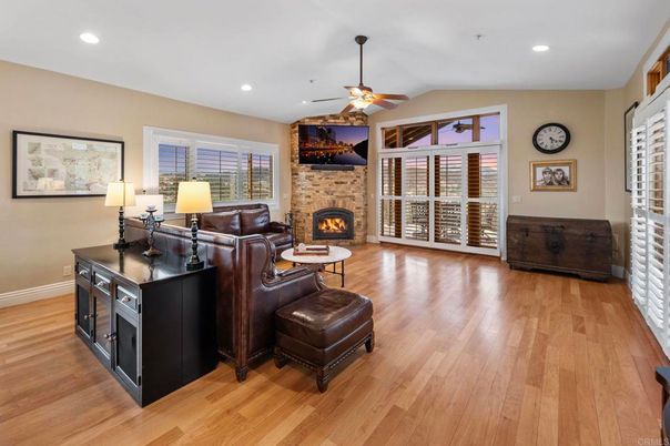Fireplace, Interior, Living room, Recessed Lighting, Wood Texture Flooring