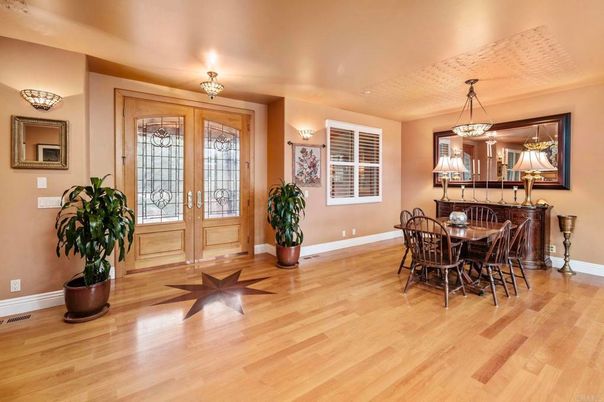 Dining room, Interior, Pendant Lights, Wood Texture Flooring