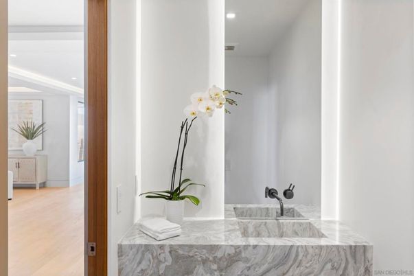 Bathroom, Interior, Marble, Recessed Lighting, Wood Texture Flooring