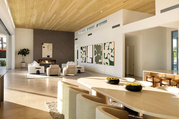 Dining room, Fireplace, Interior, Living room, Recessed Lighting, Wooden Ceilings