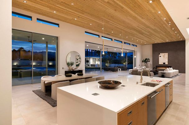 Dining room, Interior, Kitchen, Living room, Pendant Lights, Recessed Lighting, Stainless Steel Appliances, Wooden Ceilings