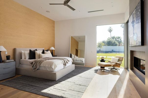 Bedroom, Fireplace, Interior, Recessed Lighting, Wood Texture Flooring