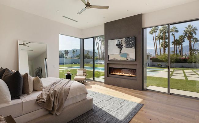 Bedroom, Fireplace, Interior, Recessed Lighting, Wood Texture Flooring