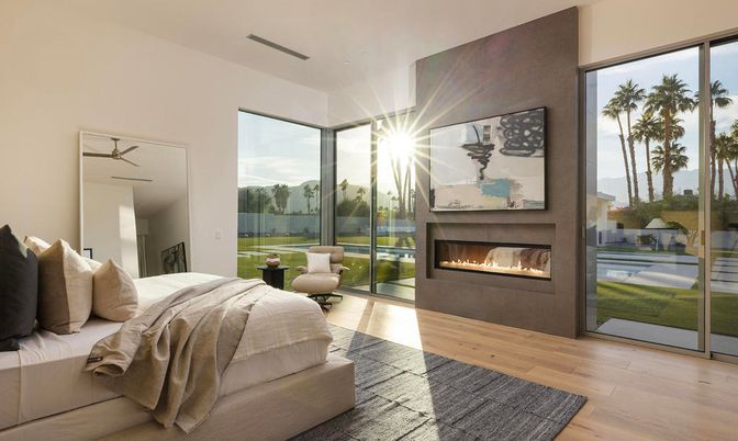 Bedroom, Fireplace, Interior, Wood Texture Flooring