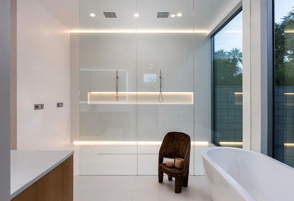 Bathroom, Free Standing Baths, Glass Shower, Interior, Recessed Lighting