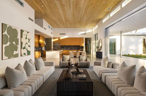 Interior, Kitchen, Living room, Recessed Lighting, Wooden Ceilings