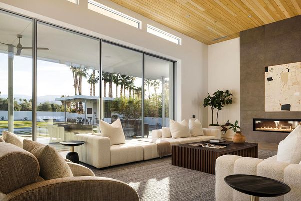 Fireplace, Interior, Living room, Recessed Lighting, Water, Wooden Ceilings