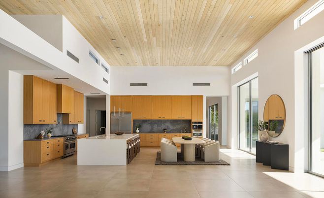 Dining room, Interior, Kitchen, Recessed Lighting, Stainless Steel Appliances, Wooden Ceilings