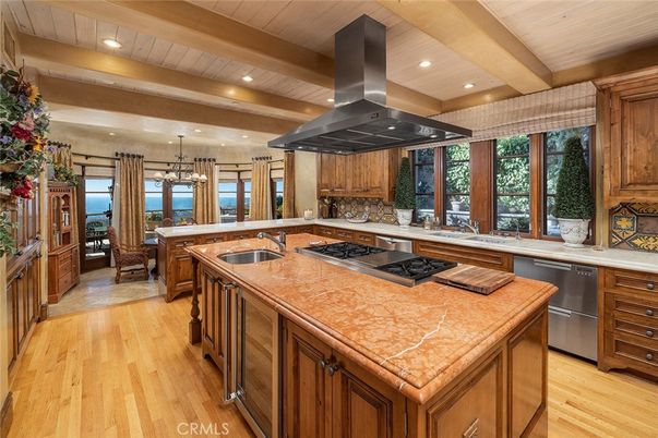 Interior, Kitchen, Pendant Lights, Recessed Lighting, Stainless Steel Appliances, Tile Countertops, Water, Wooden Beams, Wooden Ceilings, Wood Texture Flooring