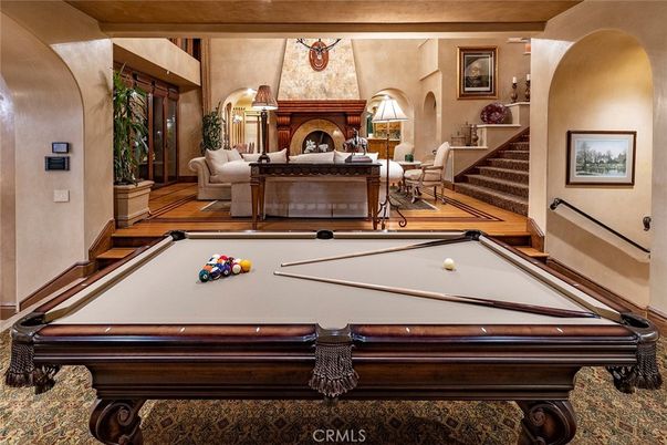 Billiard Table, Fireplace, Game Room, Interior, Living room, Wood Texture Flooring