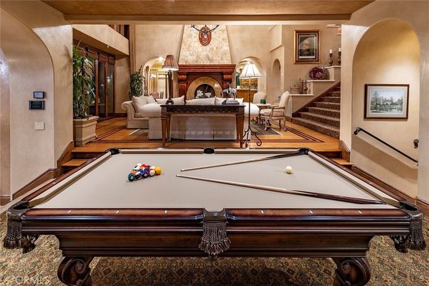 Billiard Table, Fireplace, Game Room, Interior, Wood Texture Flooring