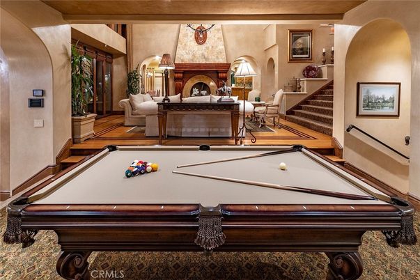 Billiard Table, Fireplace, Game Room, Interior, Wood Texture Flooring