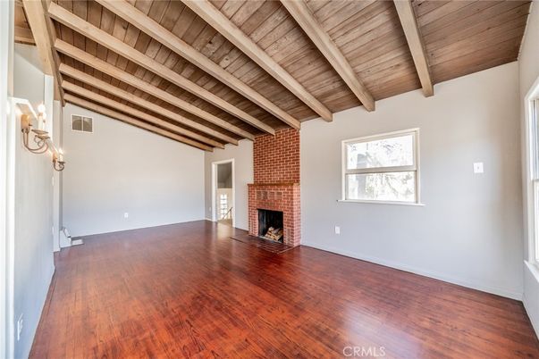 Empty room, Fireplace, Interior, Wooden Beams, Wooden Ceilings, Wood Texture Flooring