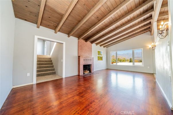 Empty room, Fireplace, Interior, Wooden Beams, Wooden Ceilings, Wood Texture Flooring