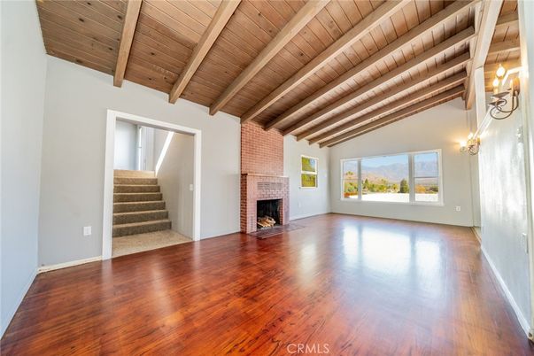 Empty room, Fireplace, Interior, Wooden Beams, Wooden Ceilings, Wood Texture Flooring