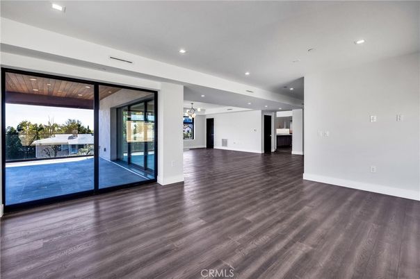 Empty room, Interior, Pendant Lights, Recessed Lighting, Wood Texture Flooring