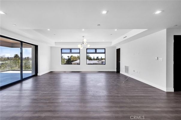 Empty room, Interior, Pendant Lights, Recessed Lighting, Wood Texture Flooring
