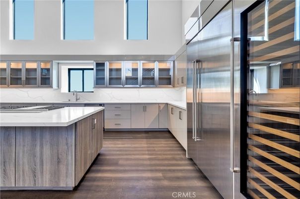 Interior, Kitchen, Marble Walls, Stainless Steel Appliances, Wood Texture Flooring