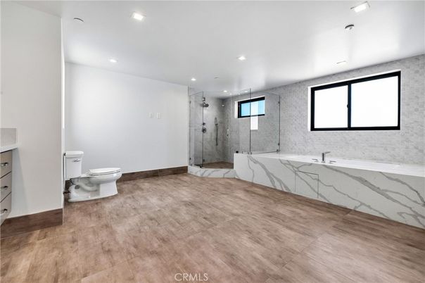 Bathroom, Glass Shower, Interior, Marble Walls, Recessed Lighting